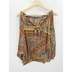 Umgee Top Women MEDIUM Multi-Color Grey Paisley Print Tie Neck Cold Shoulder